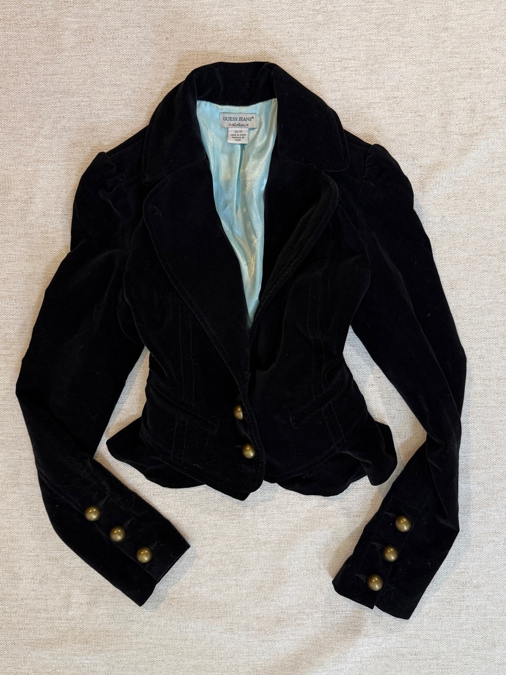Guess Black Velvet Fitted Blazer with Brass Buttons